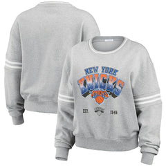Gray New York Knicks WEAR by Erin Andrews Women's Sleeve Stripe Fleece Crewneck Sweatshirt | NBA