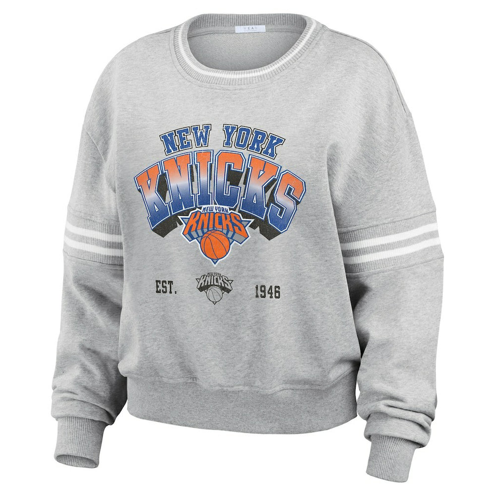 Gray New York Knicks WEAR by Erin Andrews Women's Sleeve Stripe Fleece Crewneck Sweatshirt | NBA
