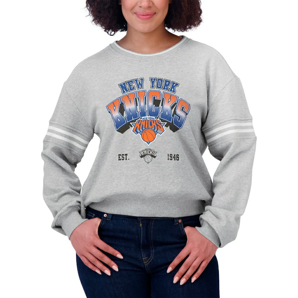 Gray New York Knicks WEAR by Erin Andrews Women's Sleeve Stripe Fleece Crewneck Sweatshirt | NBA