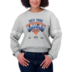 Gray New York Knicks WEAR by Erin Andrews Women's Sleeve Stripe Fleece Crewneck Sweatshirt | NBA