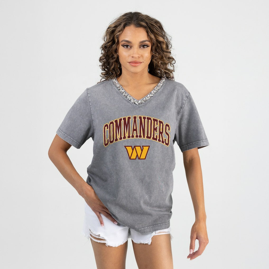 Washington Commanders Gameday Couture Women's Relaxed Iconic Edge Rhinestone V-Neck T-Shirt | NFL Hot