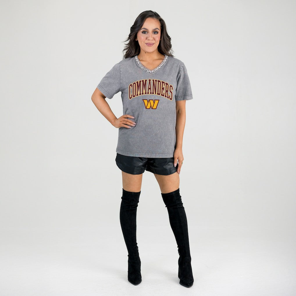 Washington Commanders Gameday Couture Women's Relaxed Iconic Edge Rhinestone V-Neck T-Shirt | NFL Hot