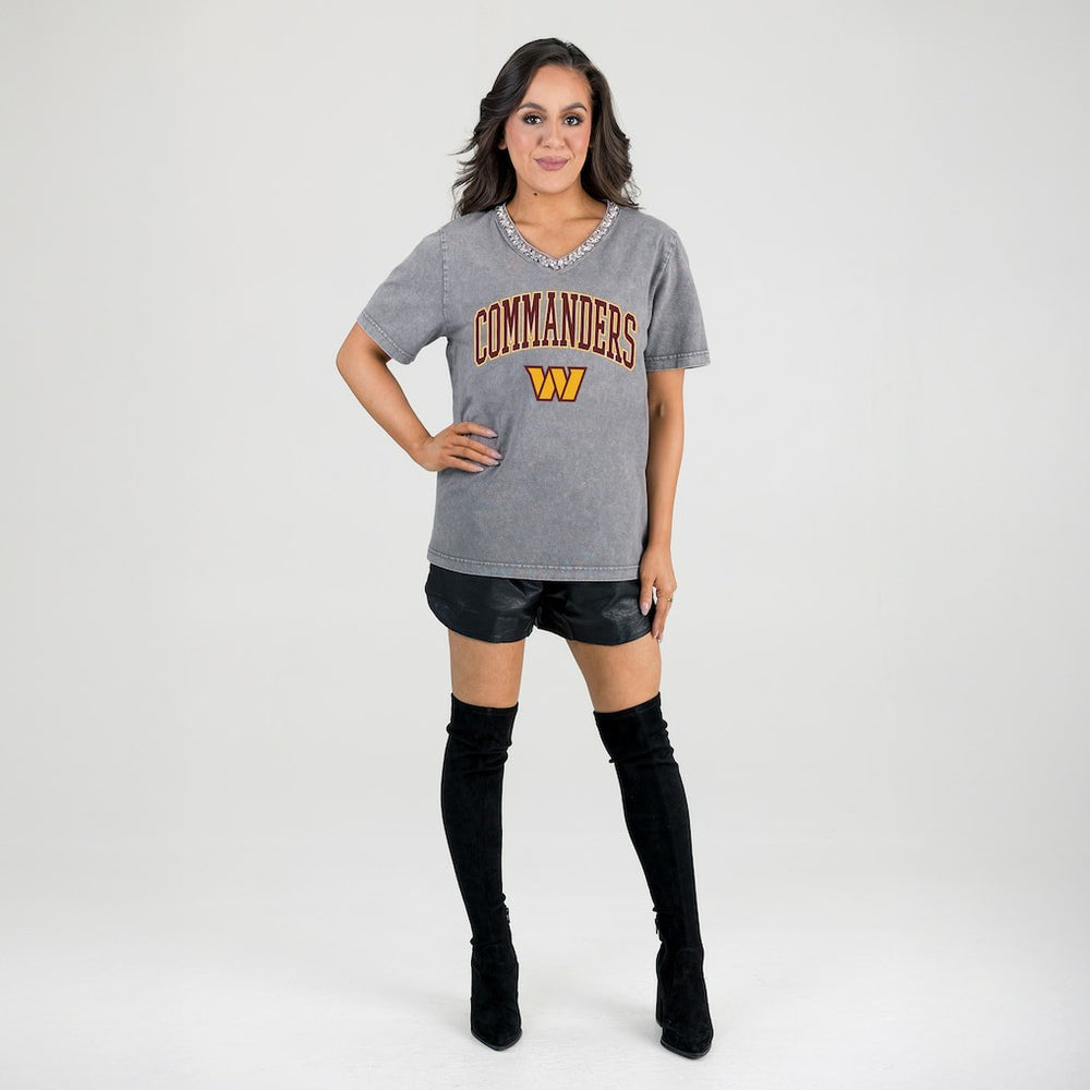 Washington Commanders Gameday Couture Women's Relaxed Iconic Edge Rhinestone V-Neck T-Shirt | NFL Hot