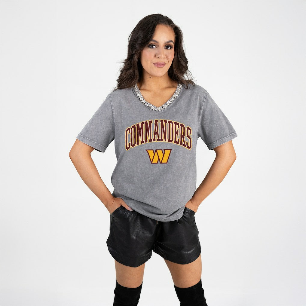 Washington Commanders Gameday Couture Women's Relaxed Iconic Edge Rhinestone V-Neck T-Shirt | NFL Hot