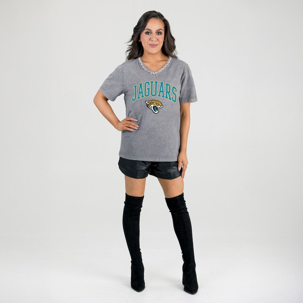 Jacksonville Jaguars Gameday Couture Women's Relaxed Iconic Edge Rhinestone V-Neck T-Shirt | NFL Discount
