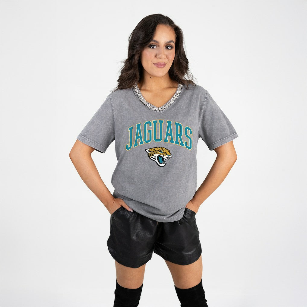 Jacksonville Jaguars Gameday Couture Women's Relaxed Iconic Edge Rhinestone V-Neck T-Shirt | NFL Discount