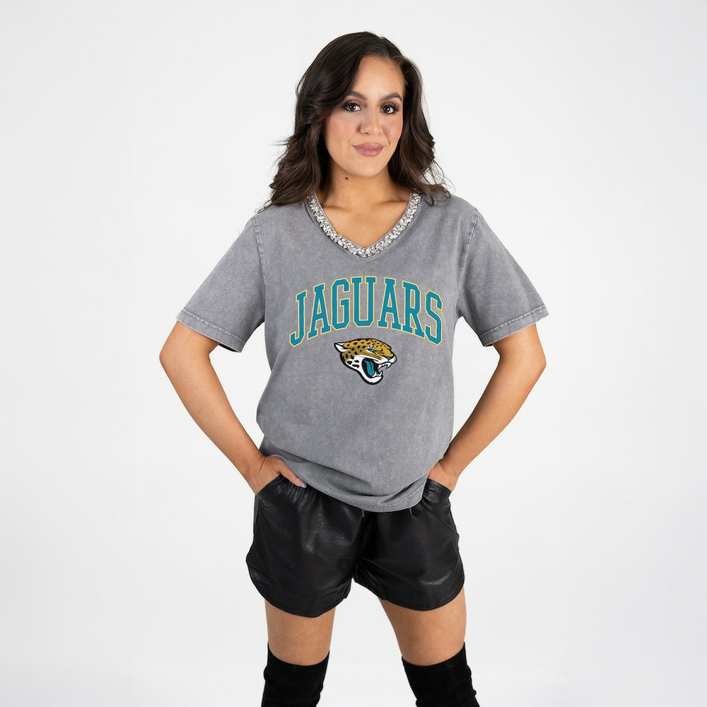 Jacksonville Jaguars Gameday Couture Women's Relaxed Iconic Edge Rhinestone V-Neck T-Shirt | NFL Discount