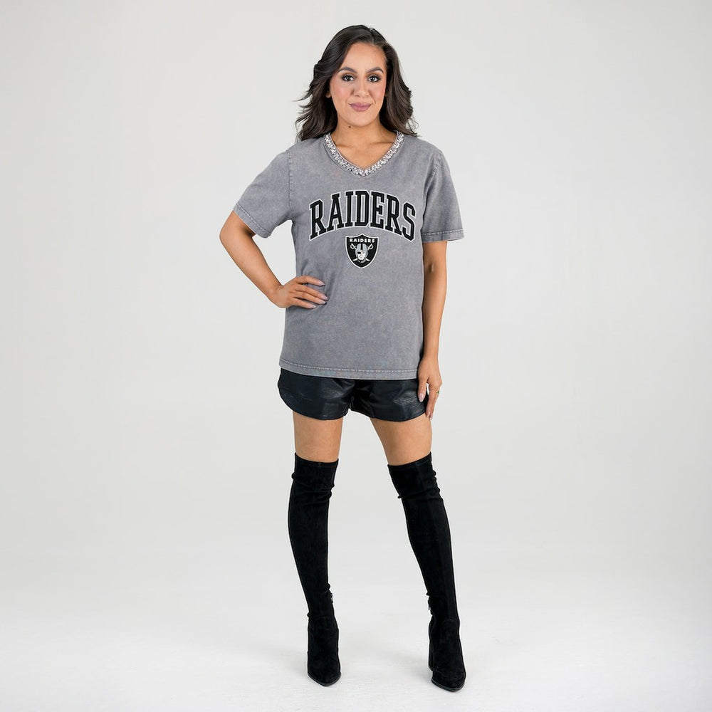 Las Vegas Raiders Gameday Couture Women's Relaxed Iconic Edge Rhinestone V-Neck T-Shirt | NFL Outlet