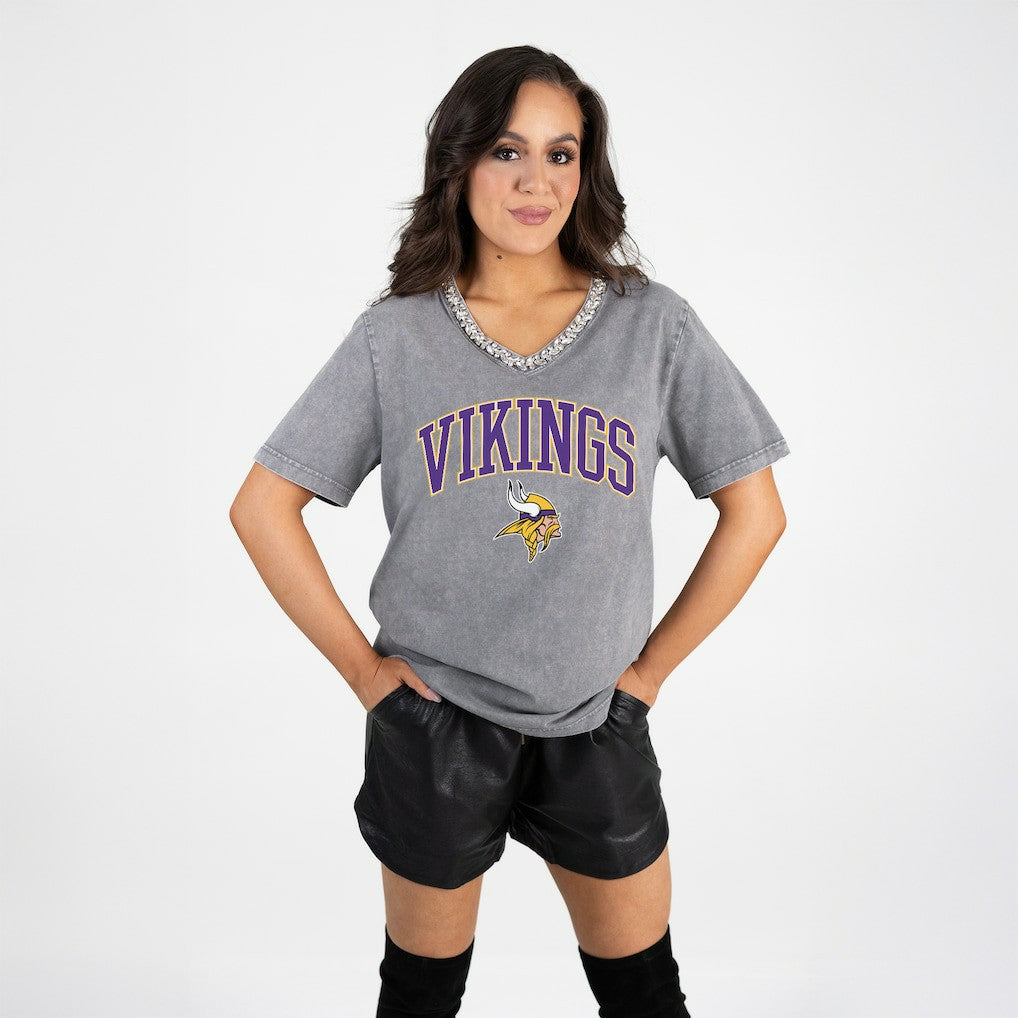 Minnesota Vikings Gameday Couture Women's Relaxed Iconic Edge Rhinestone V-Neck T-Shirt | NFL Outlet