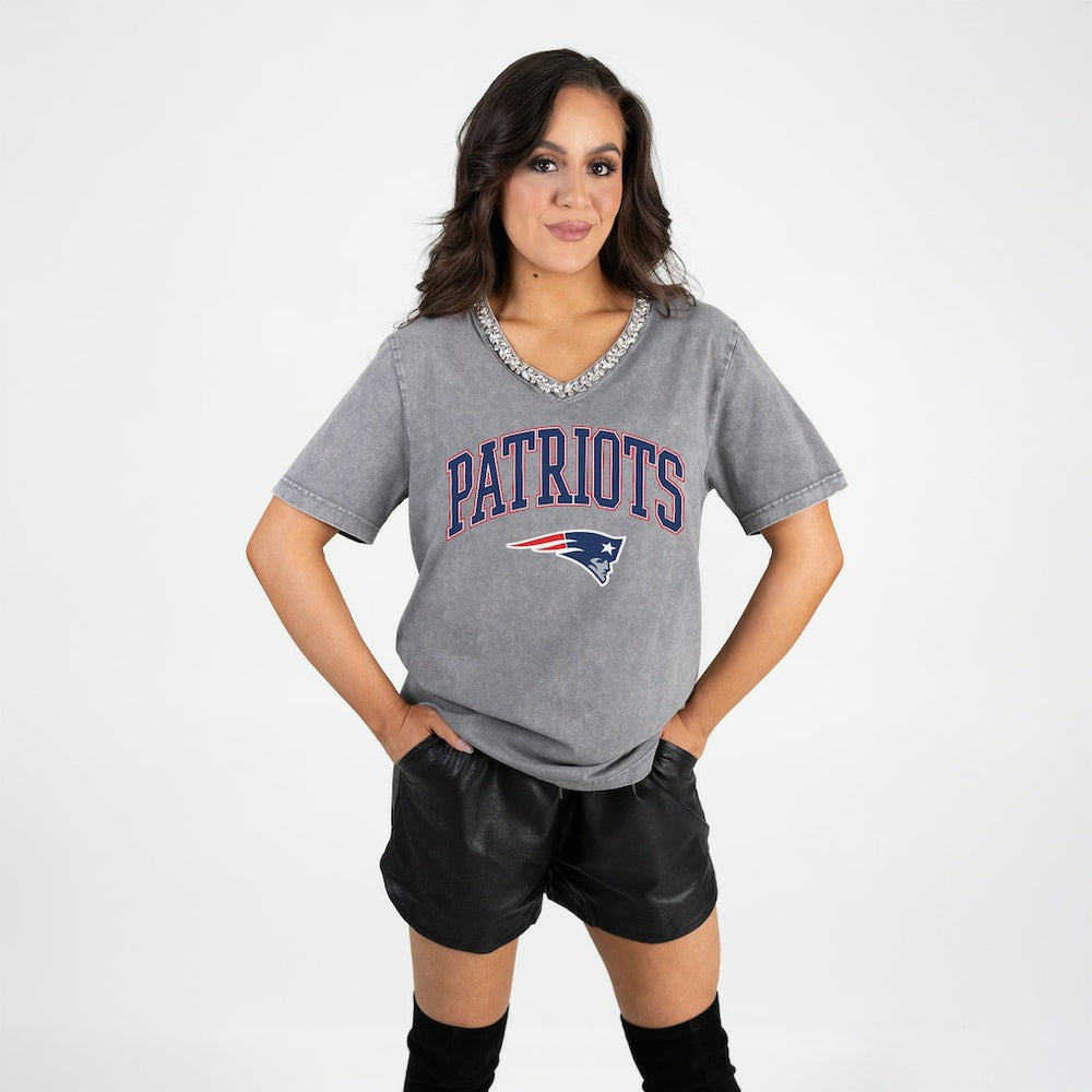 New England Patriots Gameday Couture Women's Relaxed Iconic Edge Rhinestone V-Neck T-Shirt | NFL Hot