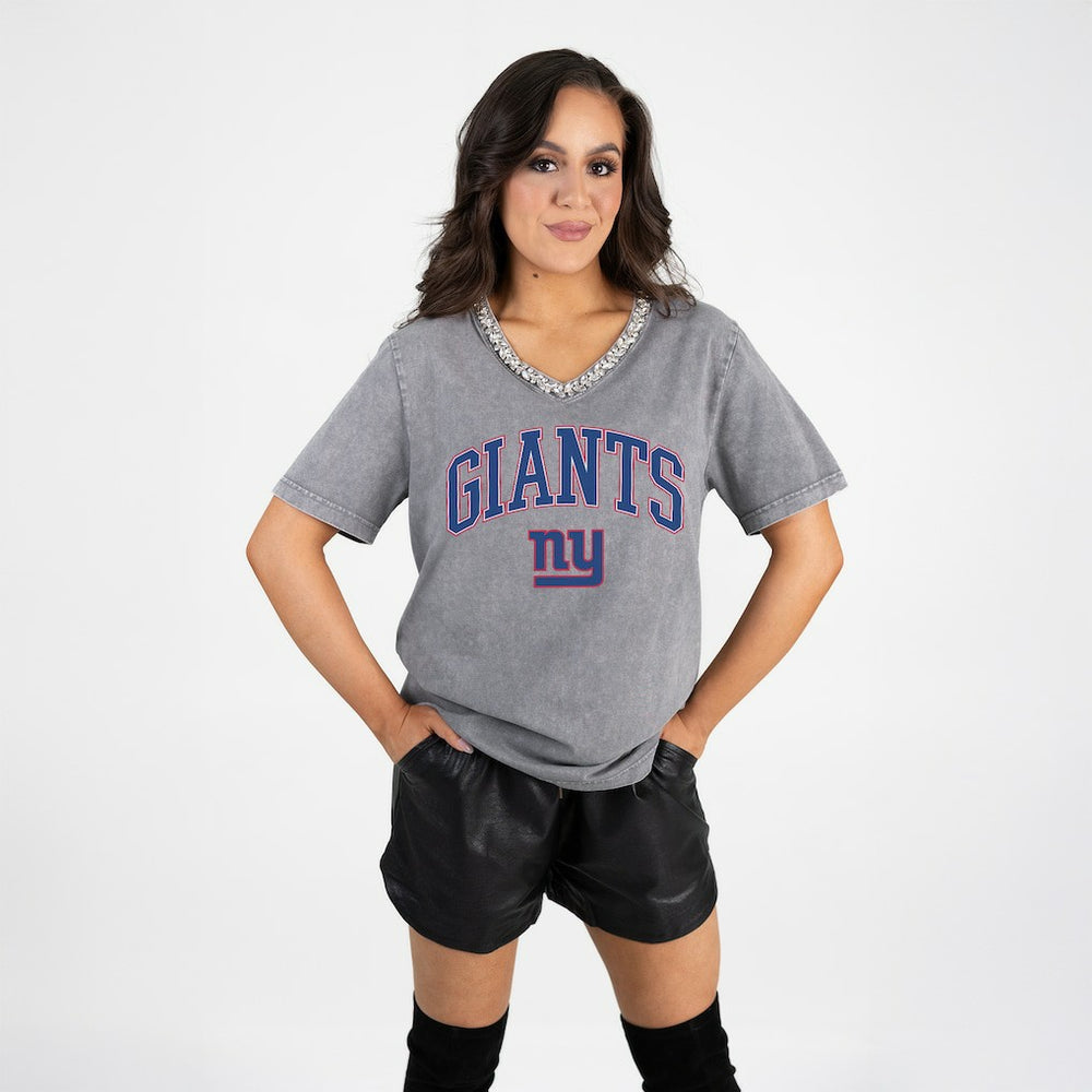 New York Giants Gameday Couture Women's Relaxed Iconic Edge Rhinestone V-Neck T-Shirt | NFL Outlet