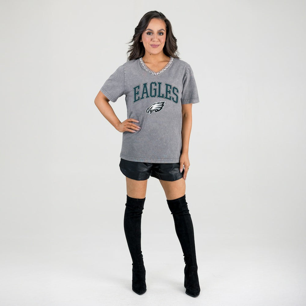 Philadelphia Eagles Gameday Couture Women's Relaxed Iconic Edge Rhinestone V-Neck T-Shirt | NFL Near me