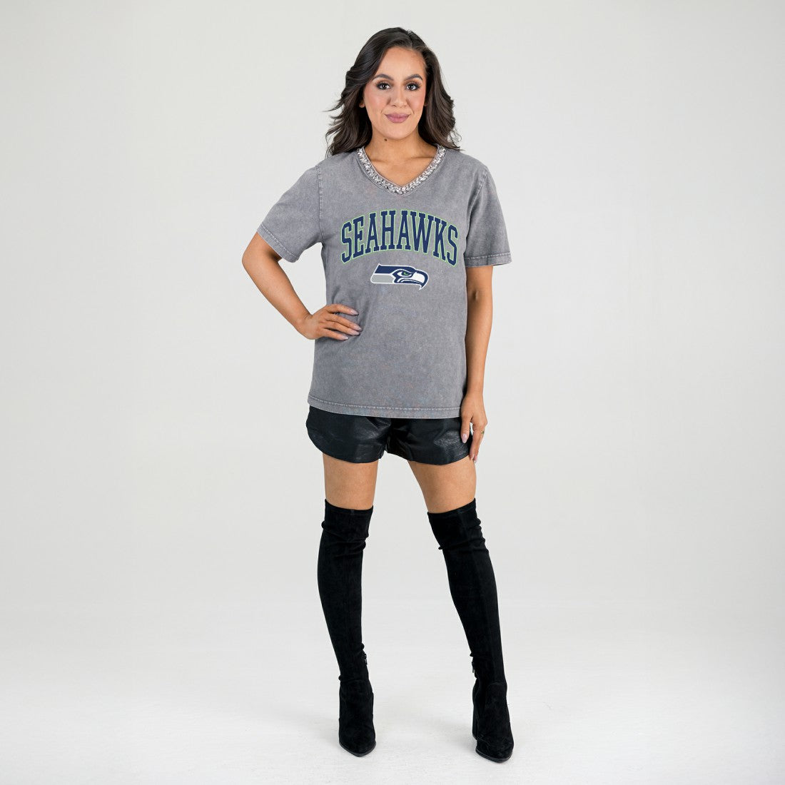 Seattle Seahawks Gameday Couture Women's Relaxed Iconic Edge Rhinestone V-Neck T-Shirt | NFL Sale
