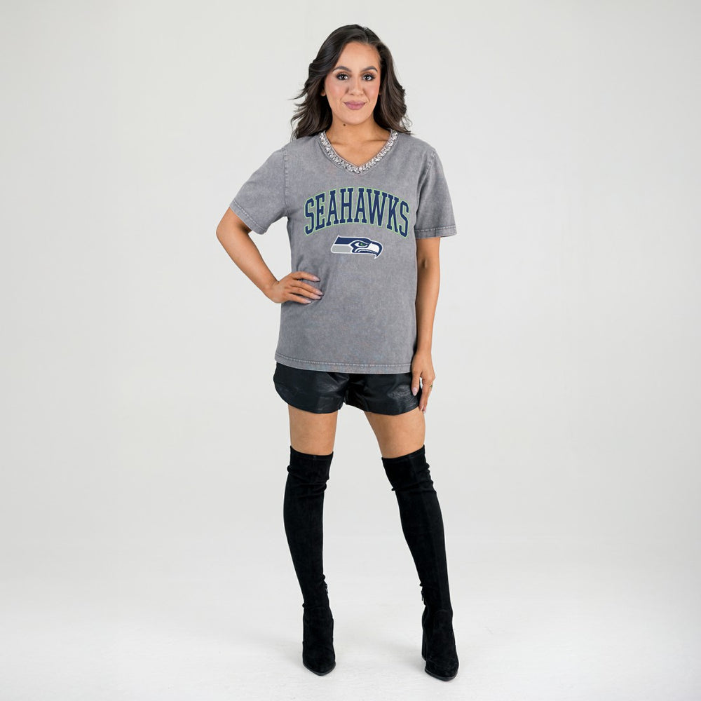 Seattle Seahawks Gameday Couture Women's Relaxed Iconic Edge Rhinestone V-Neck T-Shirt | NFL Sale
