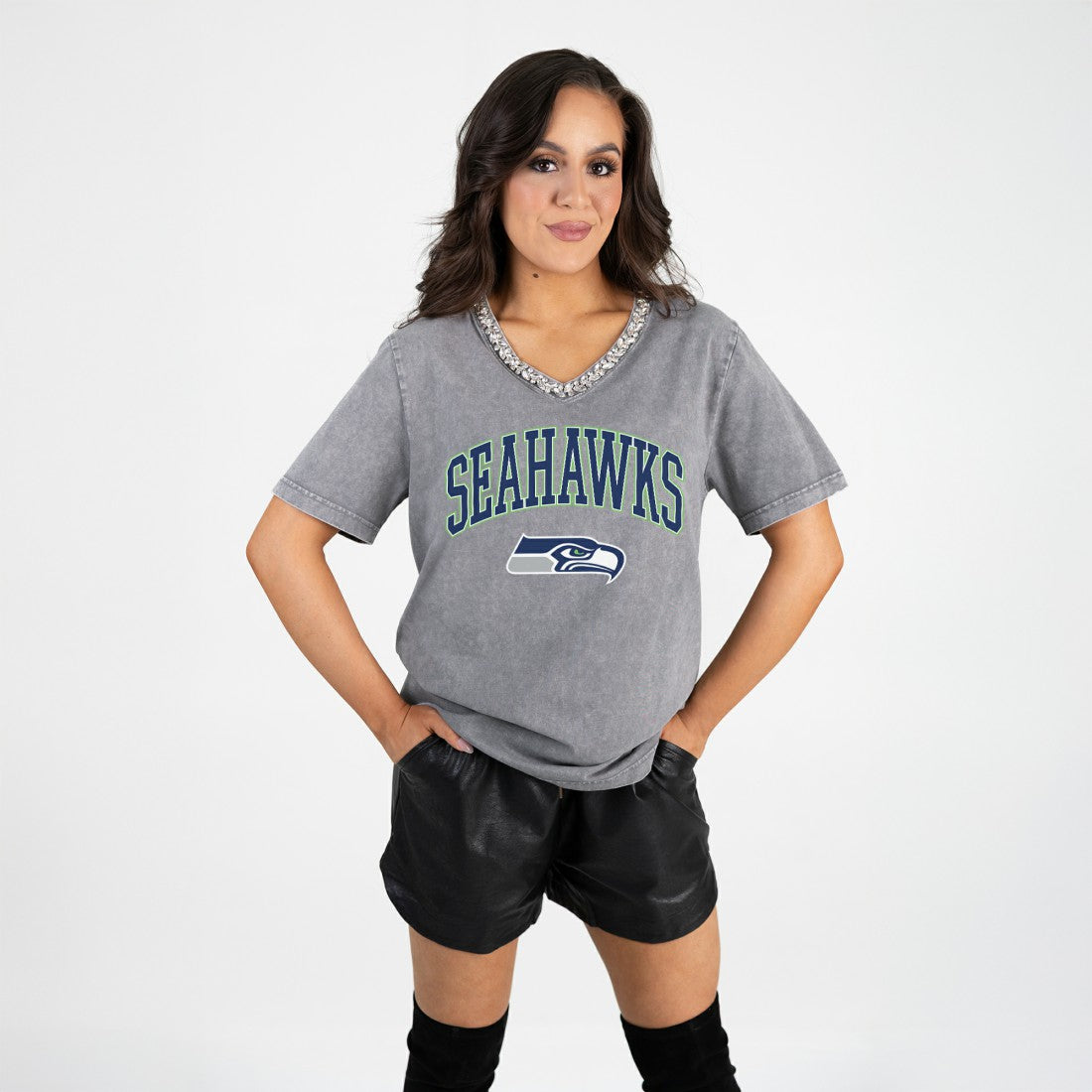 Seattle Seahawks Gameday Couture Women's Relaxed Iconic Edge Rhinestone V-Neck T-Shirt | NFL Sale