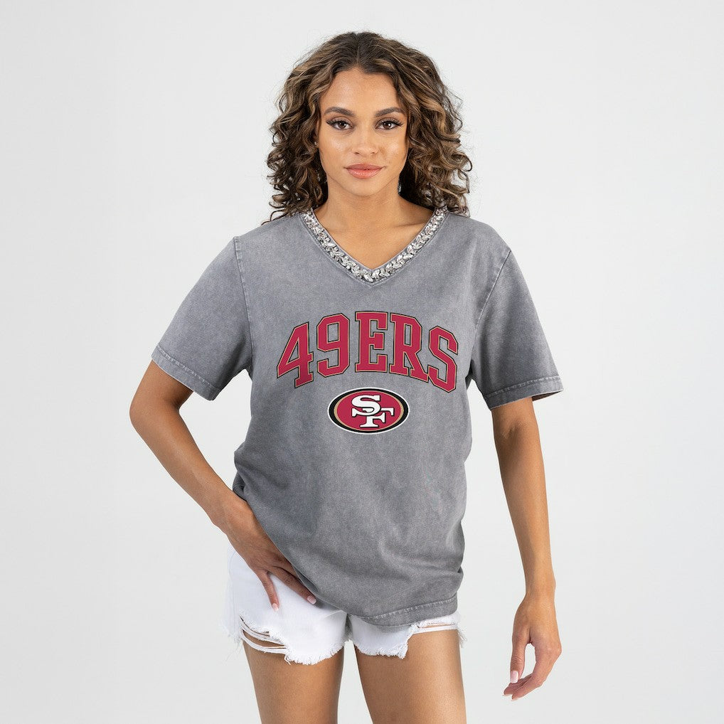 San Francisco 49ers Gameday Couture Women's Relaxed Iconic Edge Rhinestone V-Neck T-Shirt | NFL On sale