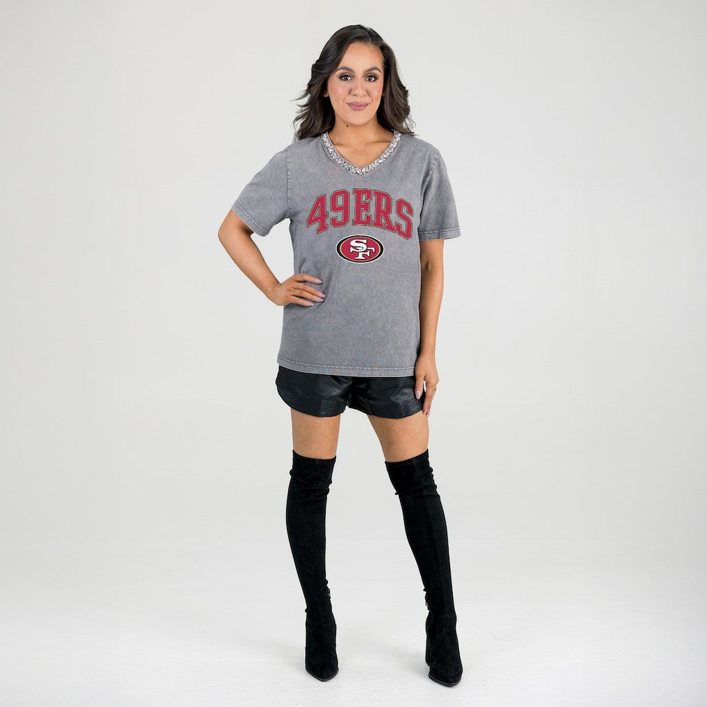 San Francisco 49ers Gameday Couture Women's Relaxed Iconic Edge Rhinestone V-Neck T-Shirt | NFL On sale