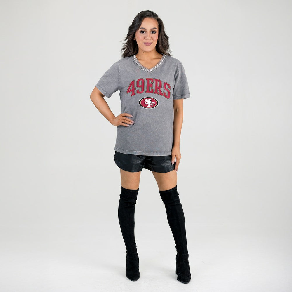 San Francisco 49ers Gameday Couture Women's Relaxed Iconic Edge Rhinestone V-Neck T-Shirt | NFL On sale
