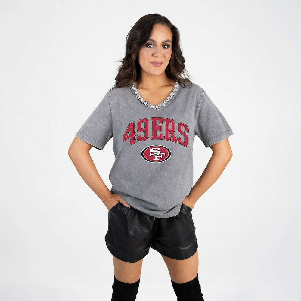 San Francisco 49ers Gameday Couture Women's Relaxed Iconic Edge Rhinestone V-Neck T-Shirt | NFL On sale
