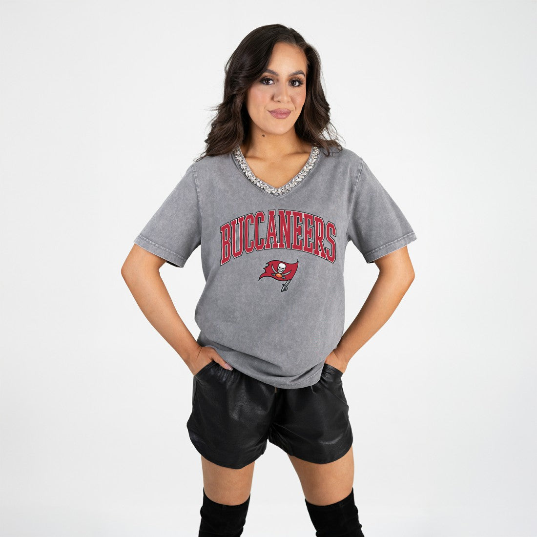 Tampa Bay Buccaneers Gameday Couture Women's Relaxed Iconic Edge Rhinestone V-Neck T-Shirt | NFL Sale