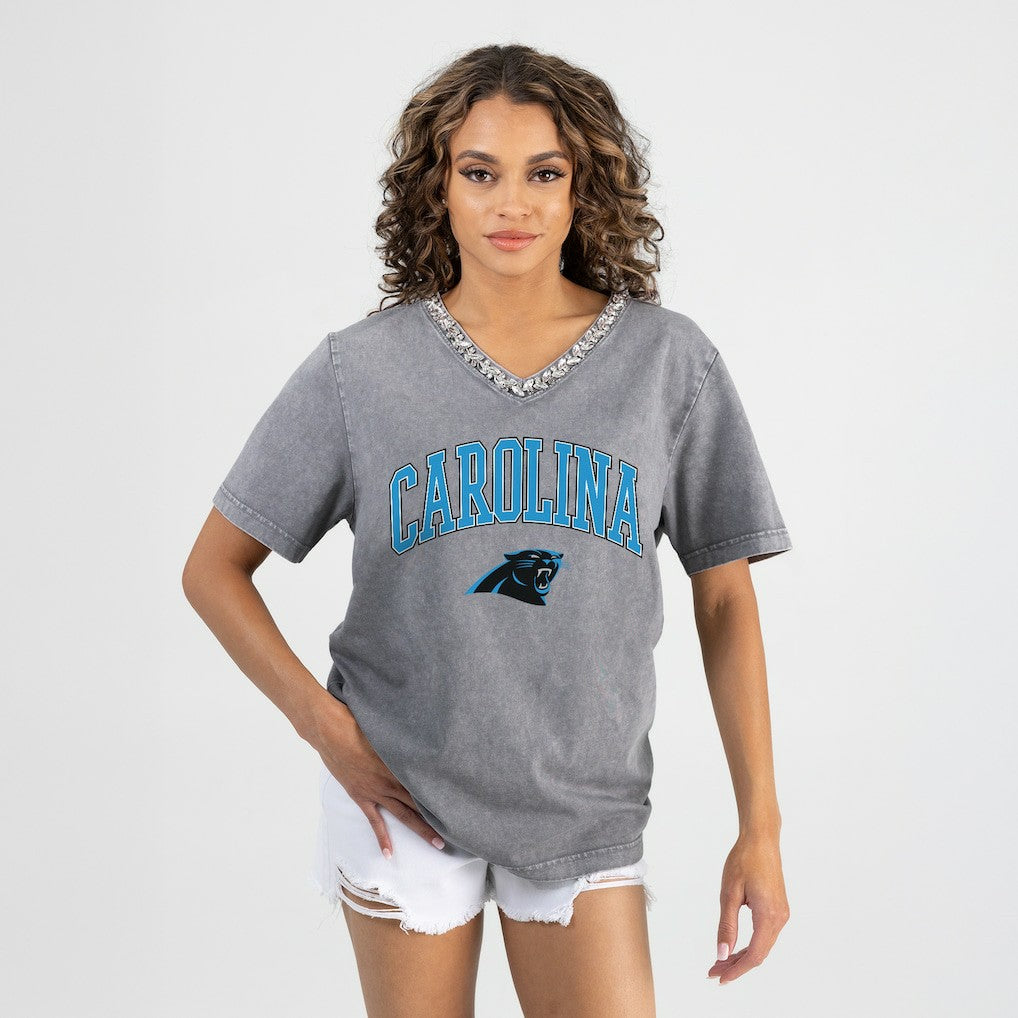 Carolina Panthers Gameday Couture Women's Relaxed Iconic Edge Rhinestone V-Neck T-Shirt | NFL New