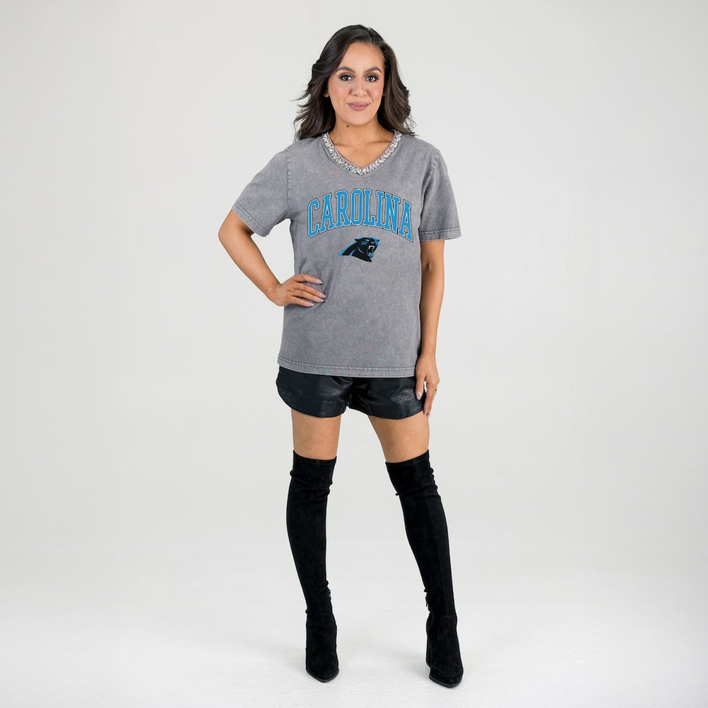 Carolina Panthers Gameday Couture Women's Relaxed Iconic Edge Rhinestone V-Neck T-Shirt | NFL New