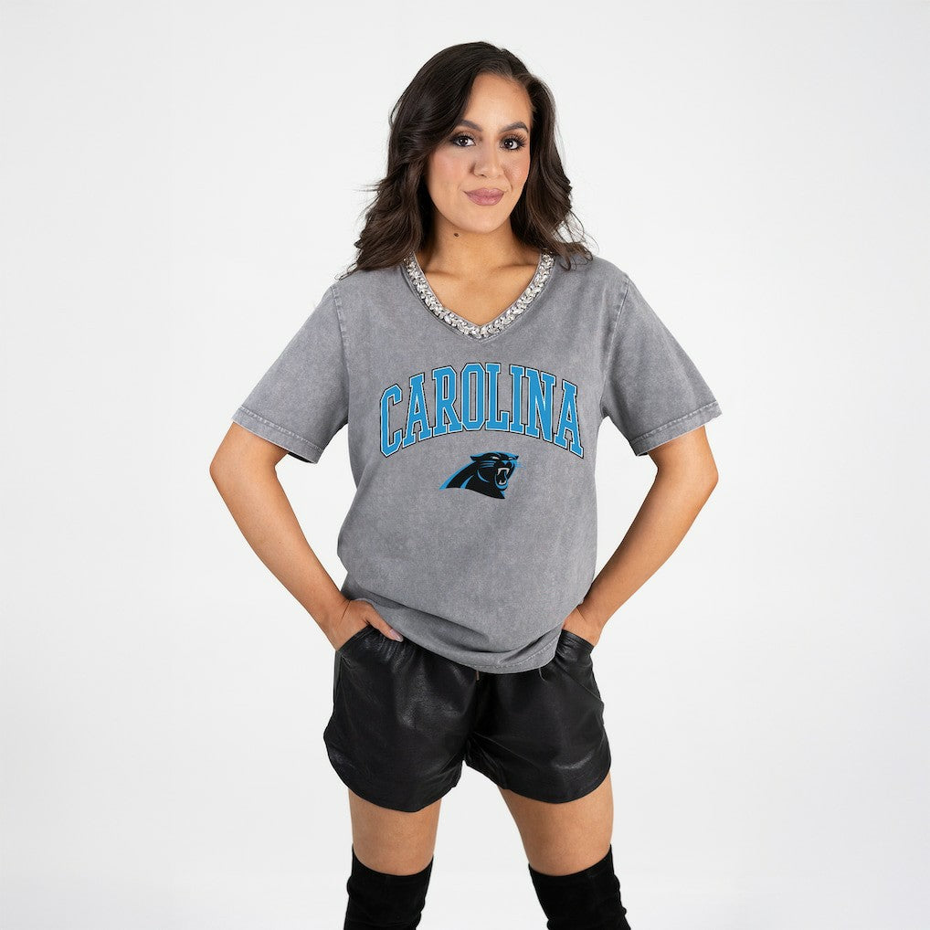 Carolina Panthers Gameday Couture Women's Relaxed Iconic Edge Rhinestone V-Neck T-Shirt | NFL New
