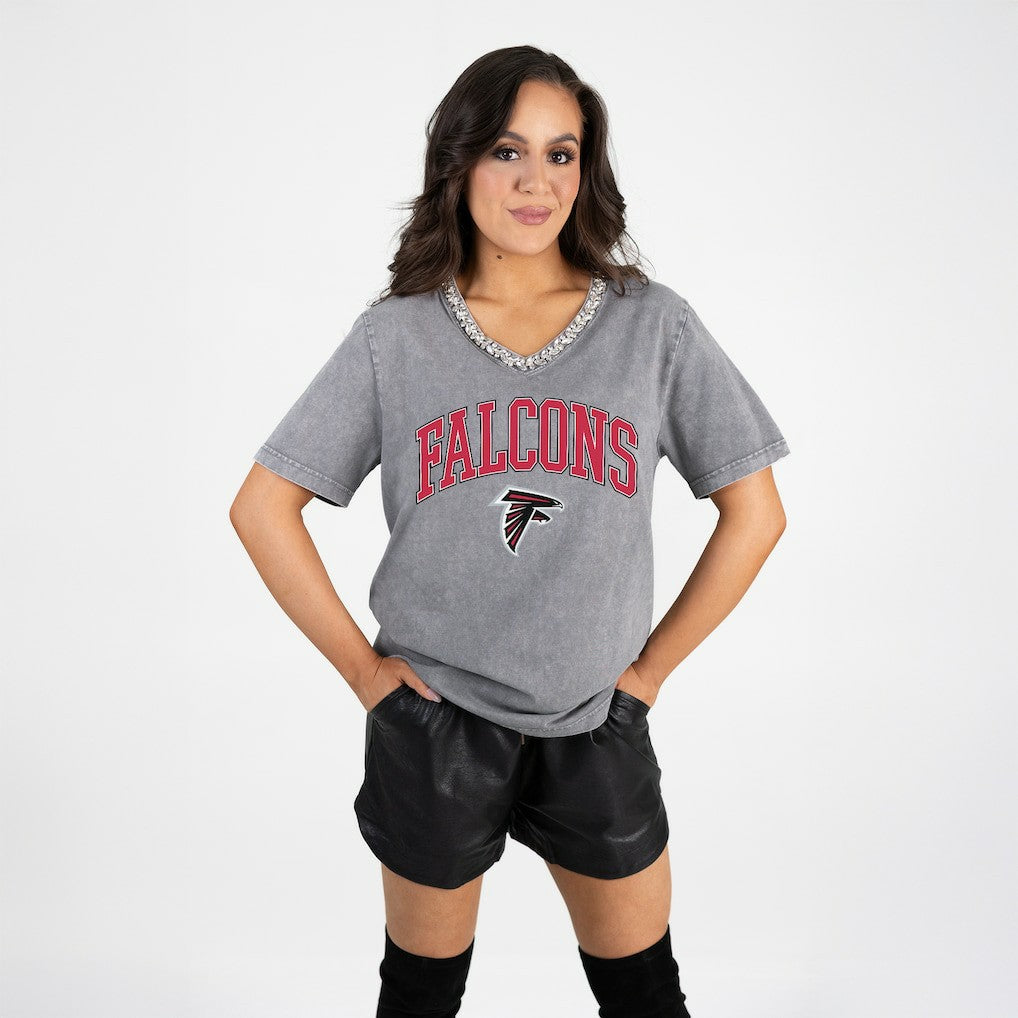 Atlanta Falcons Gameday Couture Women's Relaxed Iconic Edge Rhinestone V-Neck T-Shirt | NFL US