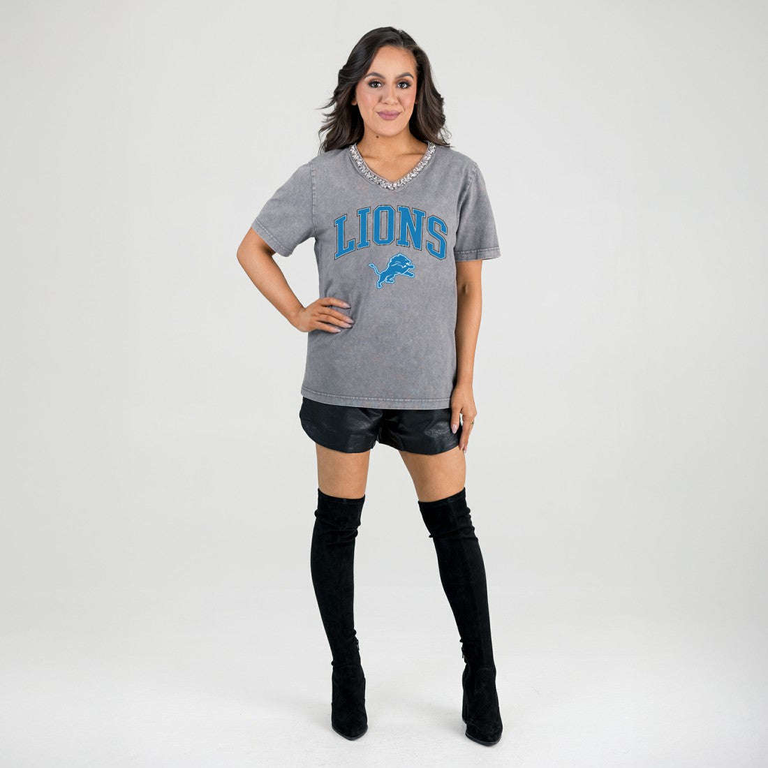 Detroit Lions Gameday Couture Women's Relaxed Iconic Edge Rhinestone V-Neck T-Shirt | NFL Hot