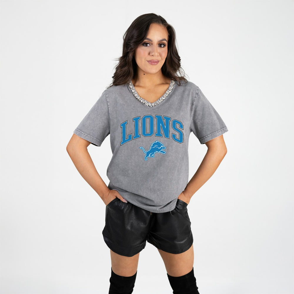 Detroit Lions Gameday Couture Women's Relaxed Iconic Edge Rhinestone V-Neck T-Shirt | NFL Hot