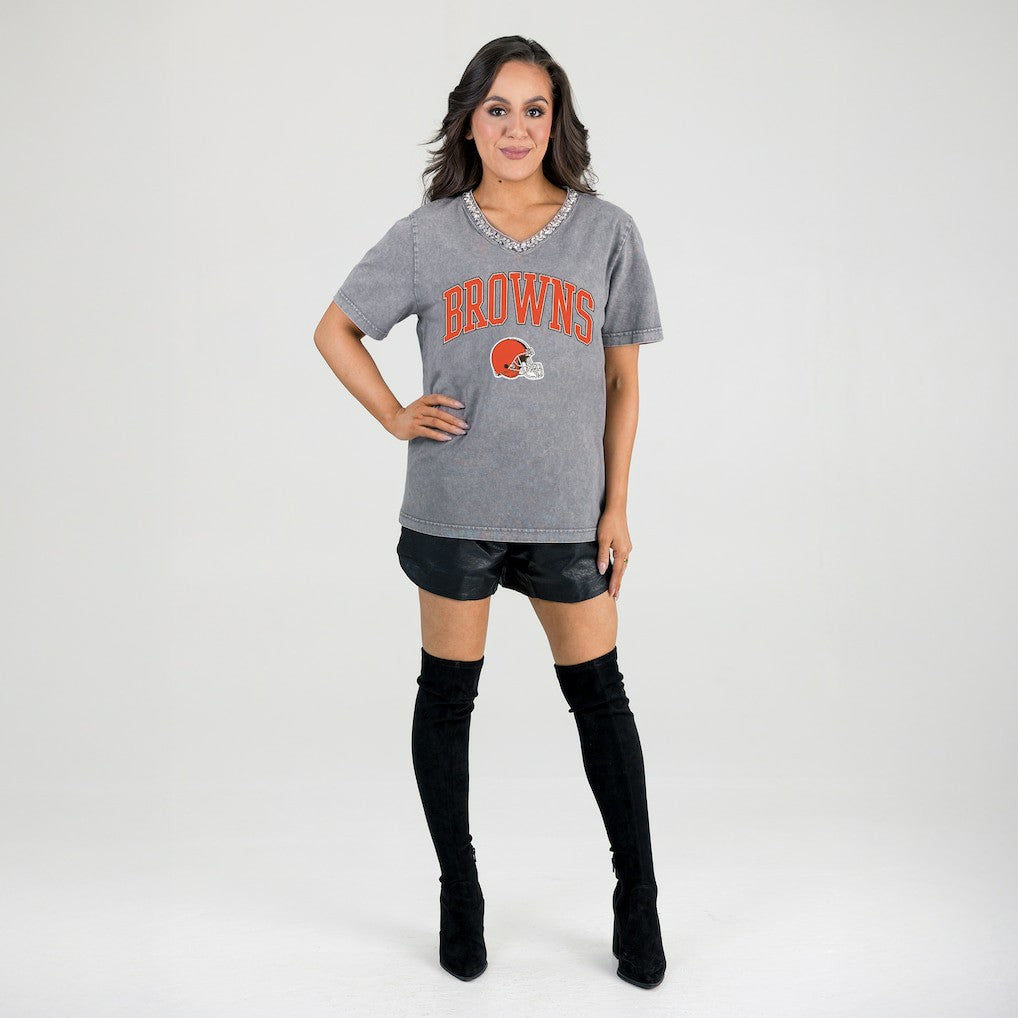 Cleveland Browns Gameday Couture Women's Relaxed Iconic Edge Rhinestone V-Neck T-Shirt | NFL US