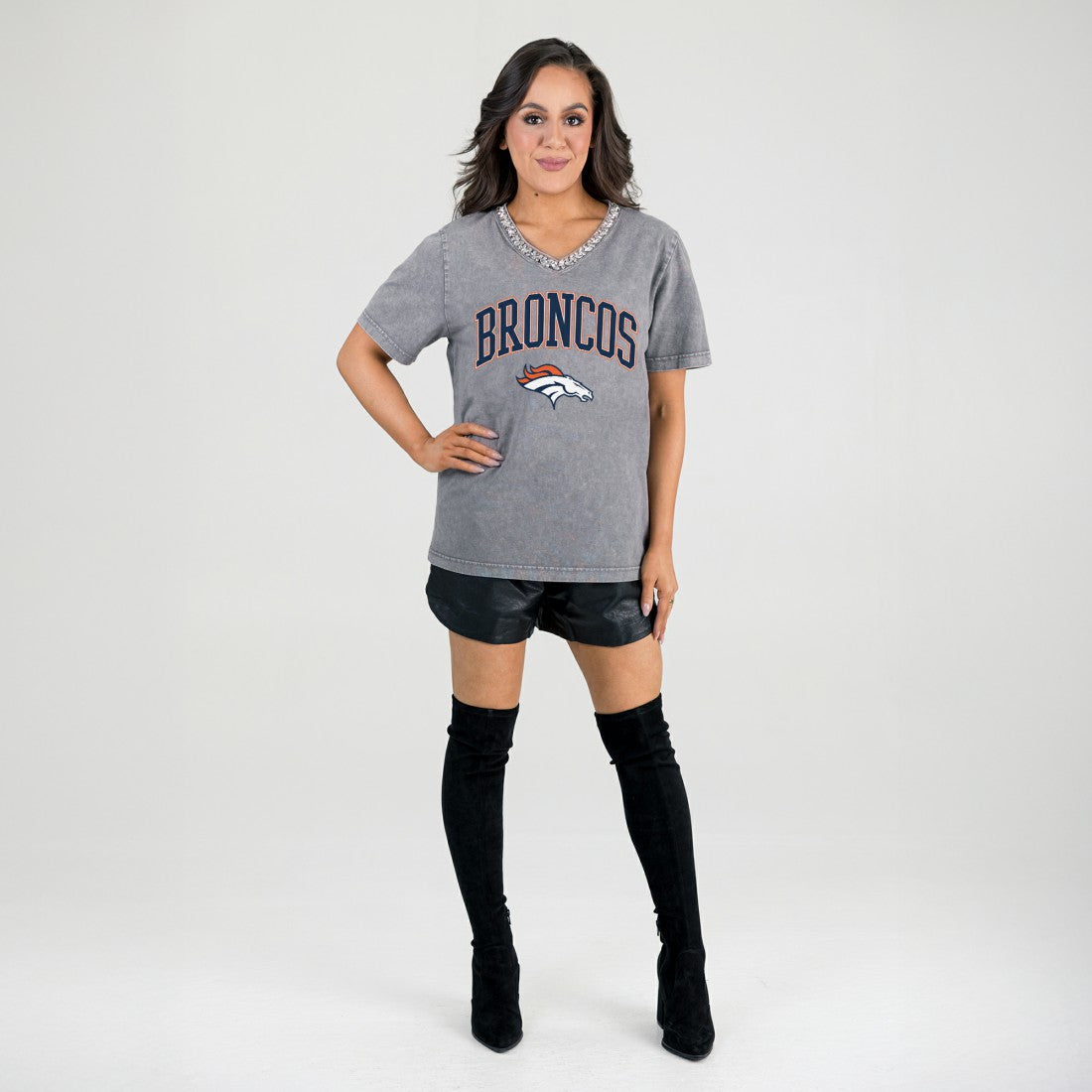 Denver Broncos Gameday Couture Women's Relaxed Iconic Edge Rhinestone V-Neck T-Shirt | NFL Hot
