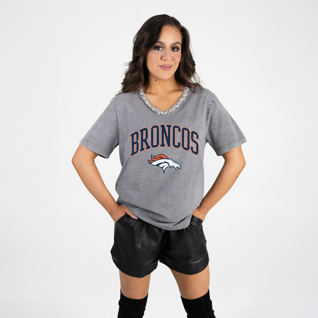 Denver Broncos Gameday Couture Women's Relaxed Iconic Edge Rhinestone V-Neck T-Shirt | NFL Hot