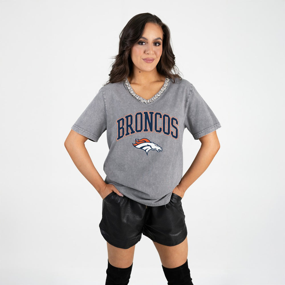 Denver Broncos Gameday Couture Women's Relaxed Iconic Edge Rhinestone V-Neck T-Shirt | NFL Hot