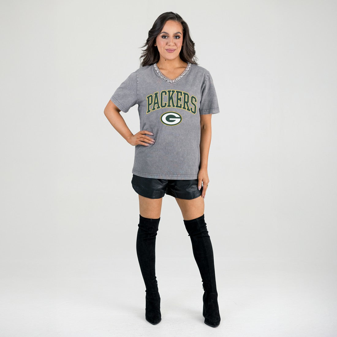 Green Bay Packers Gameday Couture Women's Relaxed Iconic Edge Rhinestone V-Neck T-Shirt | NFL Near me