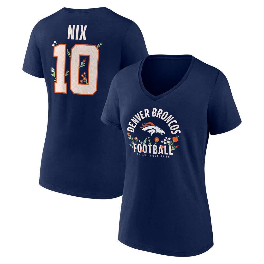 Denver Broncos Bo Nix  Women's Floral Name & Number V-Neck T-Shirt | NFL On sale