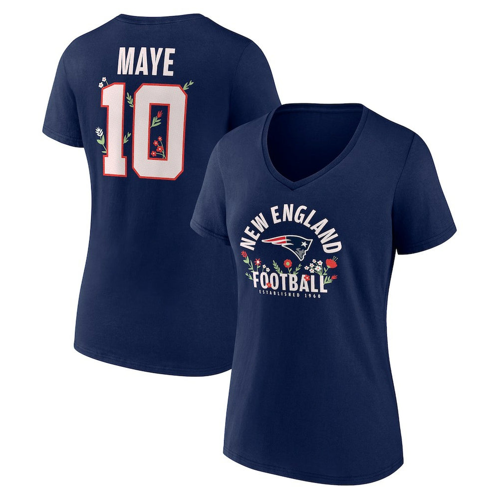 New England Patriots Drake Maye  Women's Floral Name & Number V-Neck T-Shirt | NFL New
