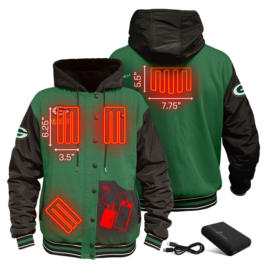 Green Bay Packers ActionHeat 5V Battery Heated Full-Snap Varsity Jacket | NFL Online