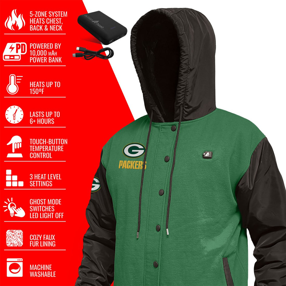 Green Bay Packers ActionHeat 5V Battery Heated Full-Snap Varsity Jacket | NFL Online
