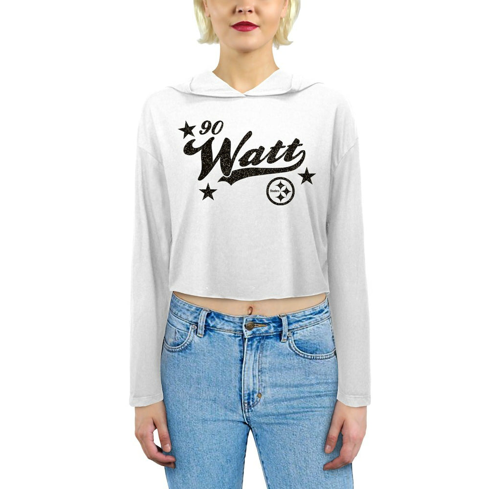 Pittsburgh Steelers T.J. Watt  Majestic Threads Women's Glitter Wordmark Hoodie | NFL Hot