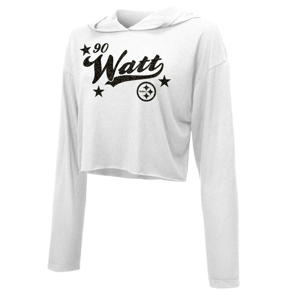 Pittsburgh Steelers T.J. Watt  Majestic Threads Women's Glitter Wordmark Hoodie | NFL Hot