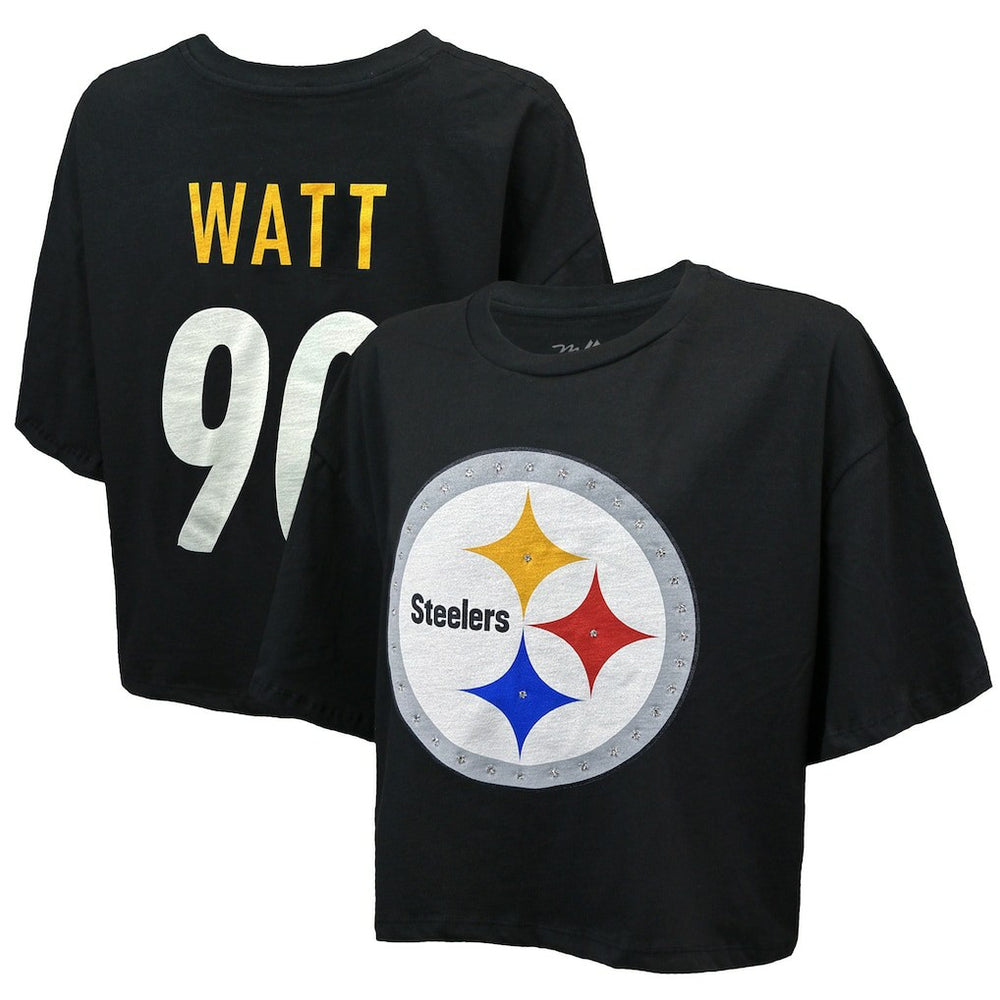 Pittsburgh Steelers T.J. Watt  Majestic Threads Women's Swarovski Crystals Boxy Cropped Name & Number T-Shirt | NFL Outlet