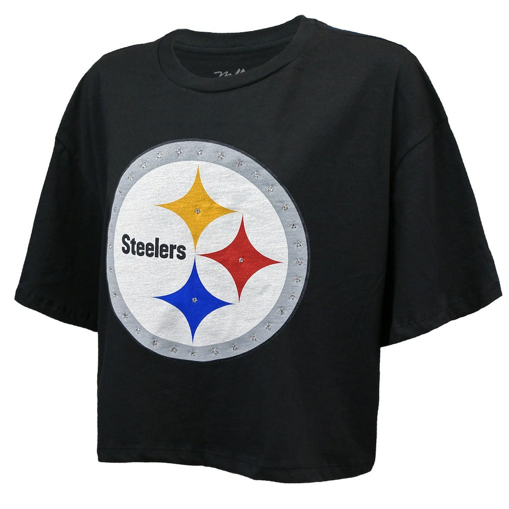 Pittsburgh Steelers T.J. Watt  Majestic Threads Women's Swarovski Crystals Boxy Cropped Name & Number T-Shirt | NFL Outlet