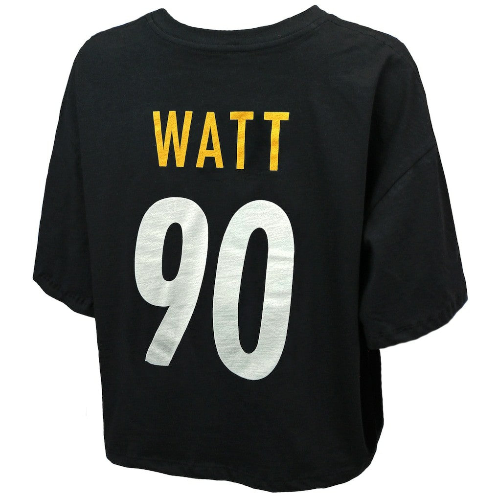 Pittsburgh Steelers T.J. Watt  Majestic Threads Women's Swarovski Crystals Boxy Cropped Name & Number T-Shirt | NFL Outlet