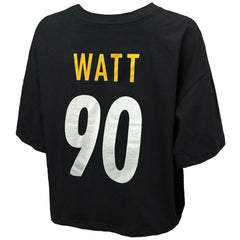 Pittsburgh Steelers T.J. Watt  Majestic Threads Women's Swarovski Crystals Boxy Cropped Name & Number T-Shirt | NFL Outlet