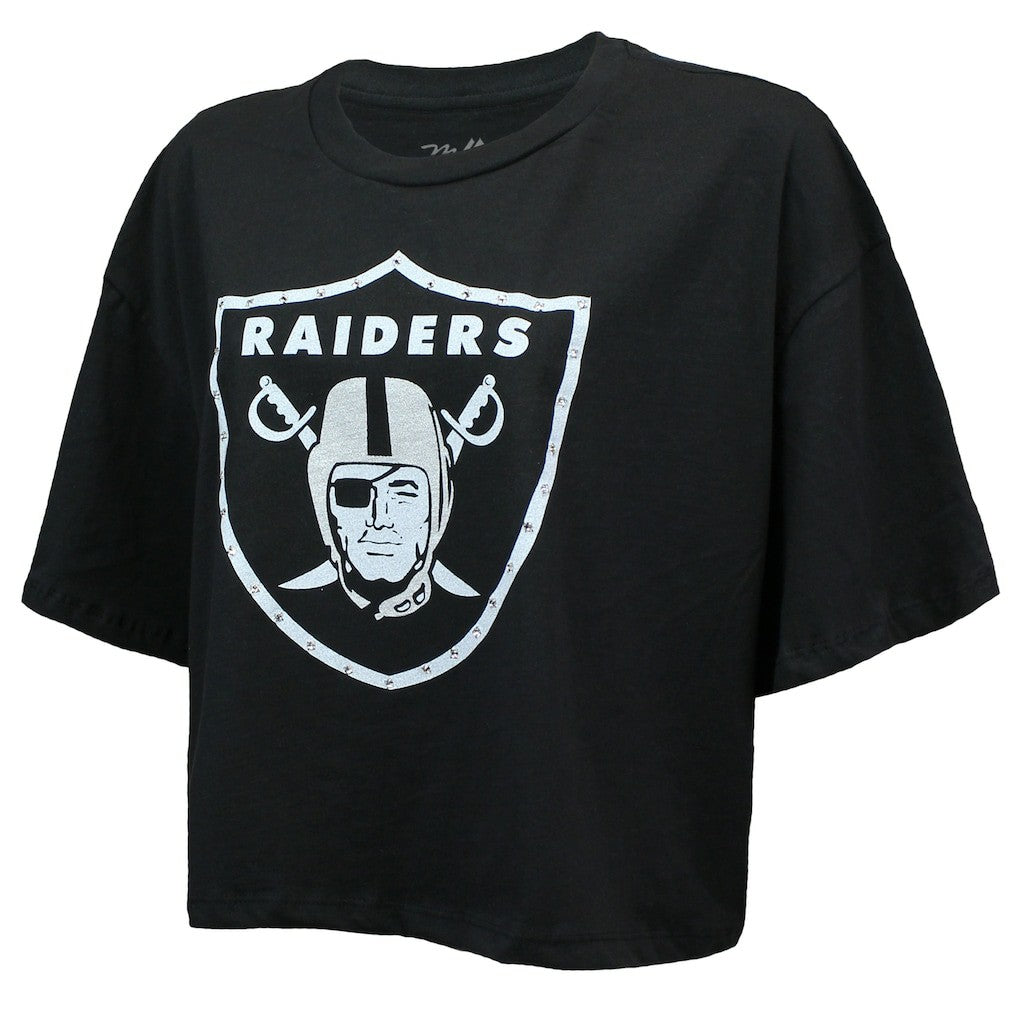 Las Vegas Raiders Maxx Crosby  Majestic Threads Women's Swarovski Crystals Boxy Cropped Name & Number T-Shirt | NFL Outlet