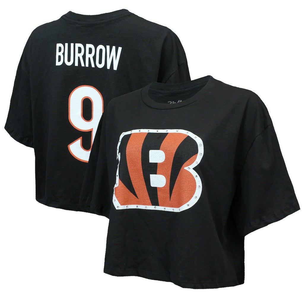 Cincinnati Bengals Joe Burrow  Majestic Threads Women's Swarovski Crystals Boxy Cropped Name & Number T-Shirt | NFL New