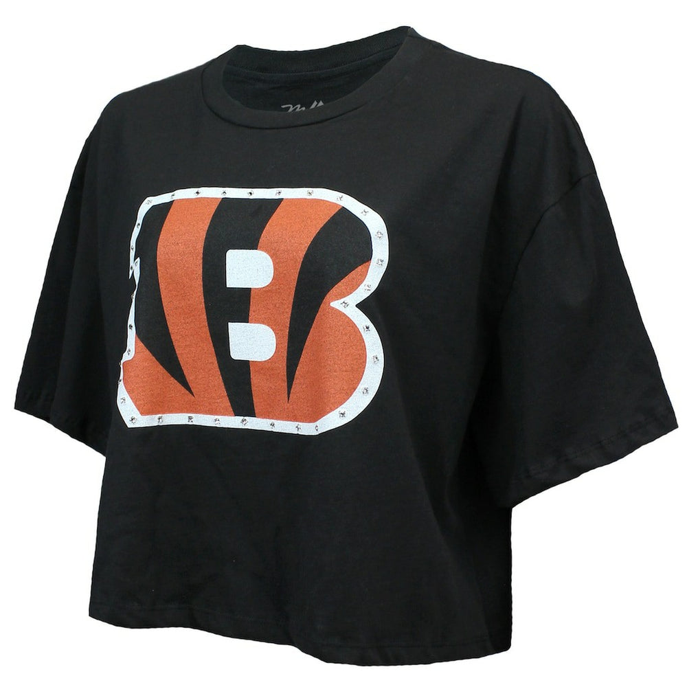 Cincinnati Bengals Joe Burrow  Majestic Threads Women's Swarovski Crystals Boxy Cropped Name & Number T-Shirt | NFL New