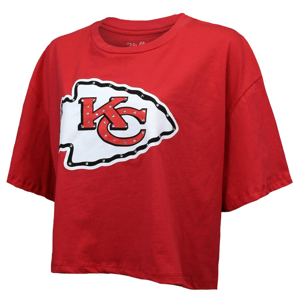 Kansas City Chiefs Patrick Mahomes  Majestic Threads Women's Swarovski Crystals Boxy Cropped Name & Number T-Shirt | NFL Near me