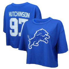 Detroit Lions Aidan Hutchinson  Majestic Threads Women's Swarovski Crystals Boxy Cropped Name & Number T-Shirt | NFL Outlet